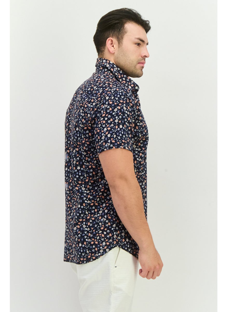 Men Slim Fit Floral Print Short Sleeves Casual Shirt, Navy Combo