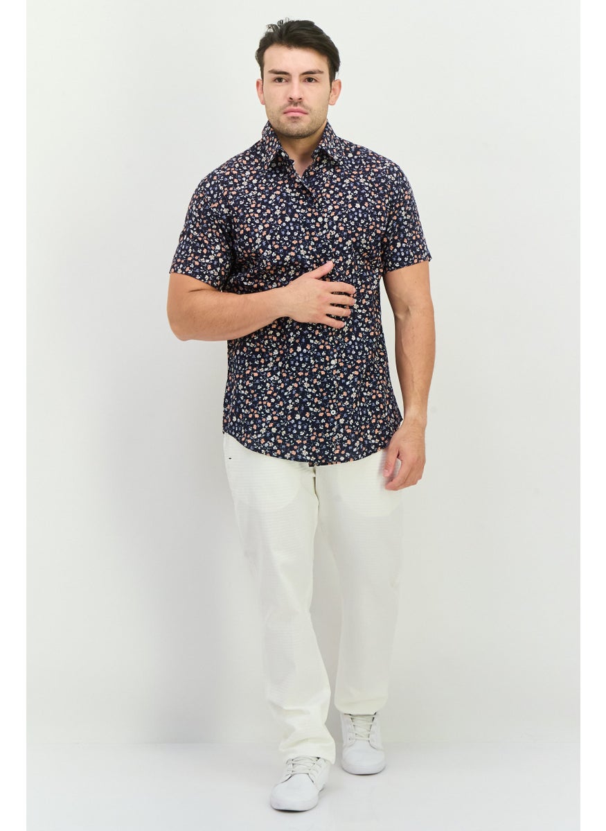 Men Slim Fit Floral Print Short Sleeves Casual Shirt, Navy Combo