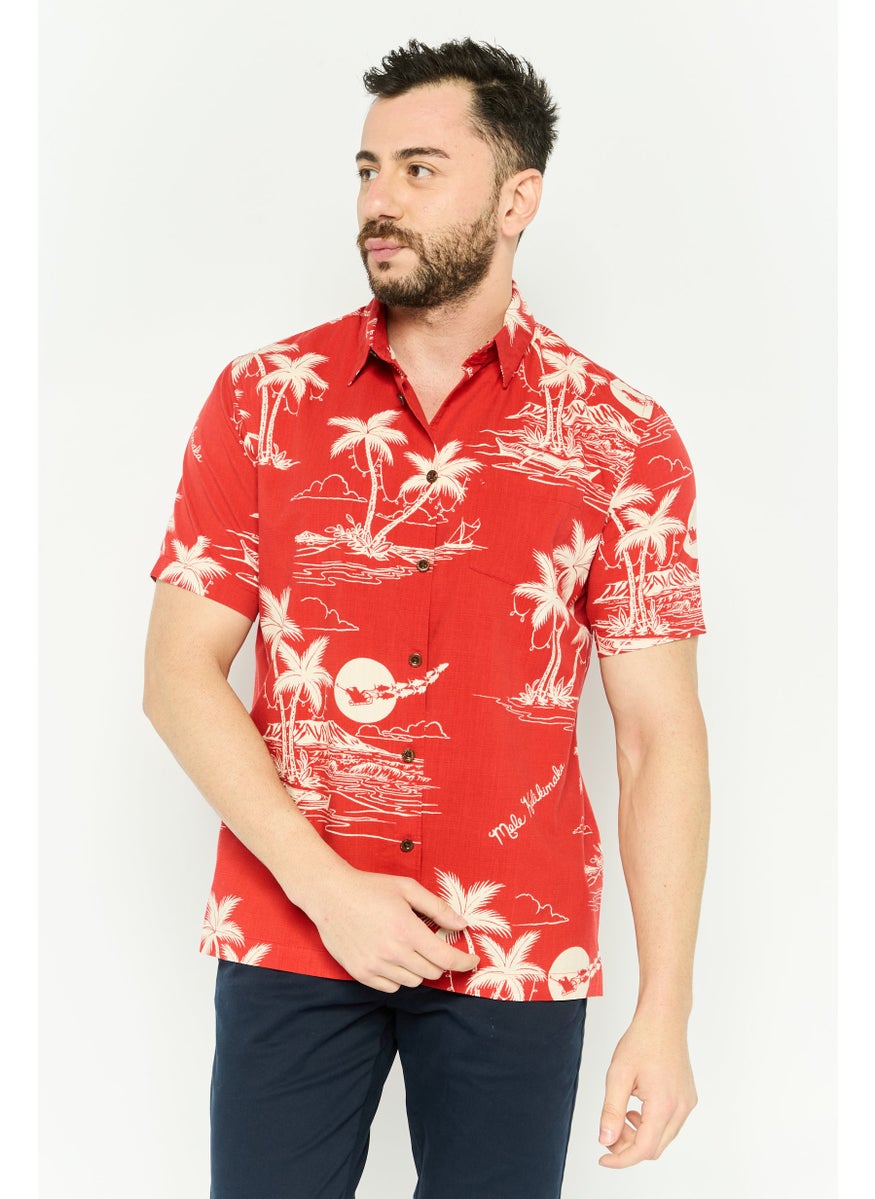 Men Regular Fit Allover Print Short Sleeve Casual Shirt, Red