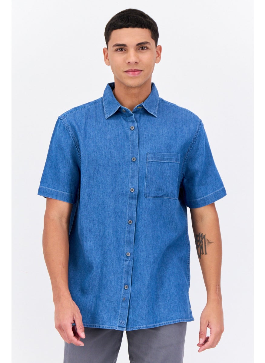 Men Regular Fit Short Sleeves Washed Casual Shirt, Blue