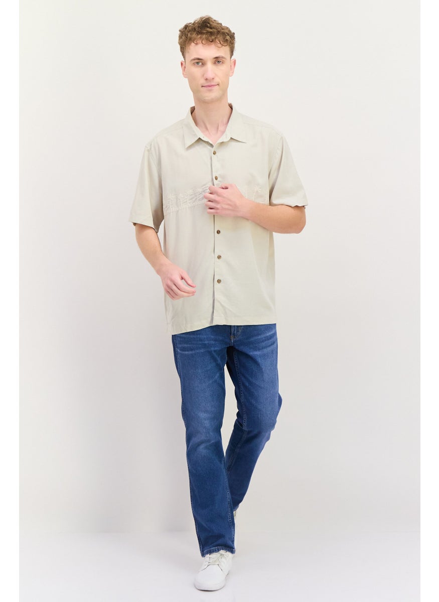 Men Comfort Fit Embroidered Short Sleeve Casual Shirt, Beige