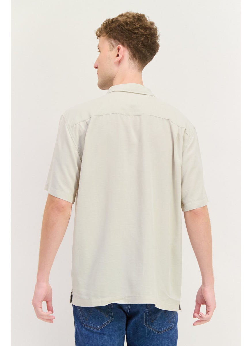 Men Comfort Fit Embroidered Short Sleeve Casual Shirt, Beige