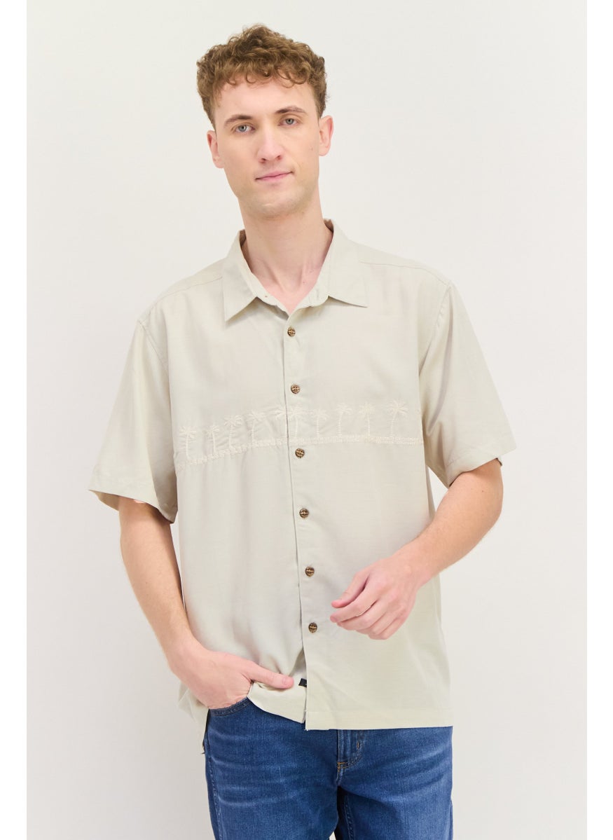 Men Comfort Fit Embroidered Short Sleeve Casual Shirt, Beige