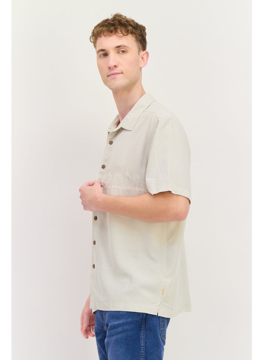 Men Comfort Fit Embroidered Short Sleeve Casual Shirt, Beige