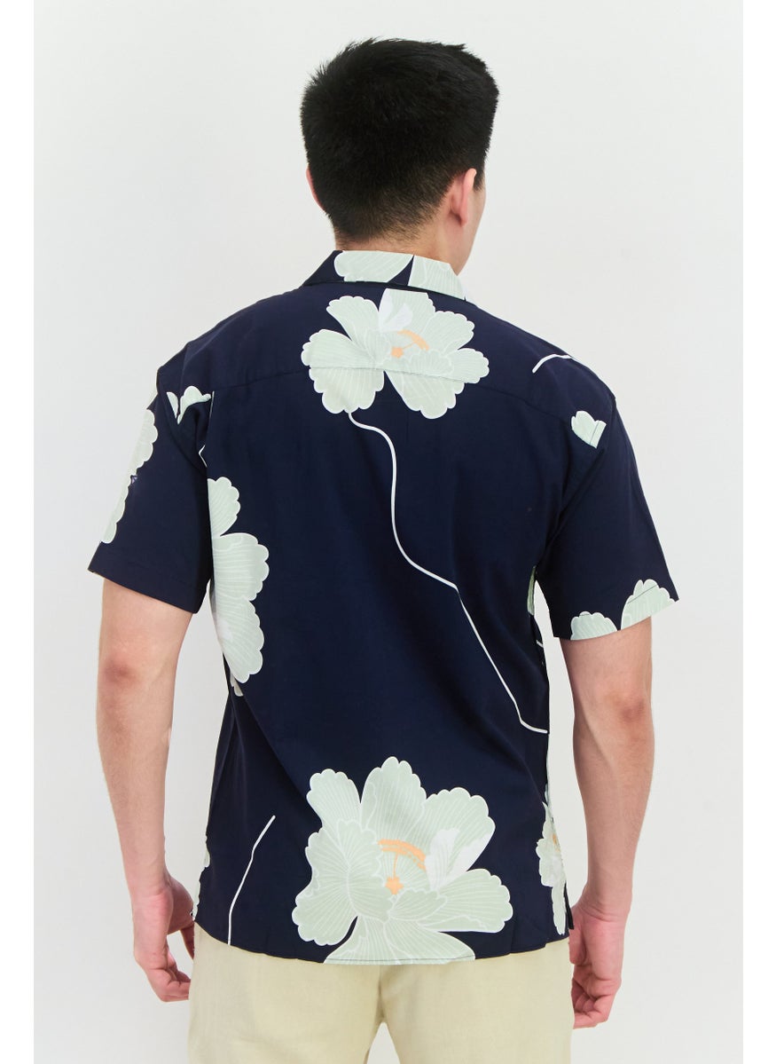 Men Relaxed Fit Floral Print Short Sleeves Casual Shirt, Navy Combo