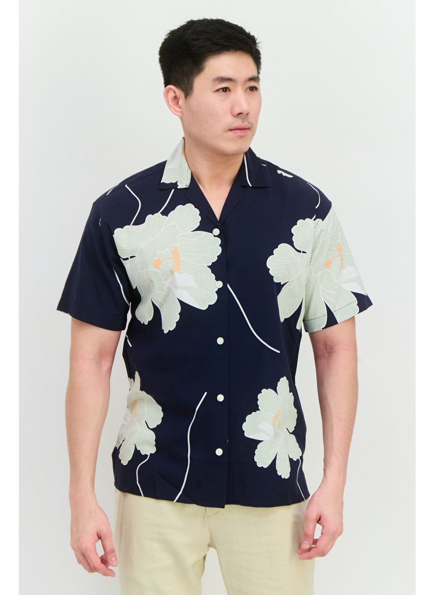 Men Relaxed Fit Floral Print Short Sleeves Casual Shirt, Navy Combo