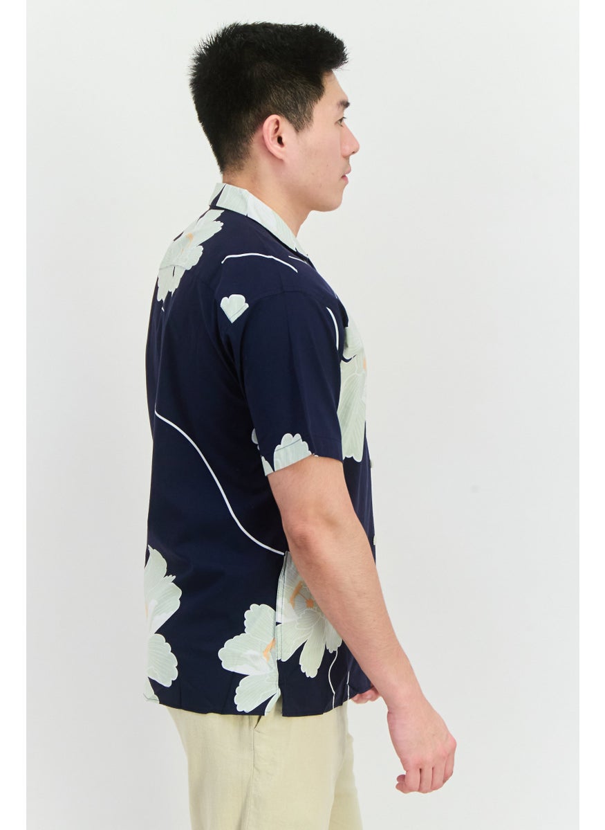 Men Relaxed Fit Floral Print Short Sleeves Casual Shirt, Navy Combo