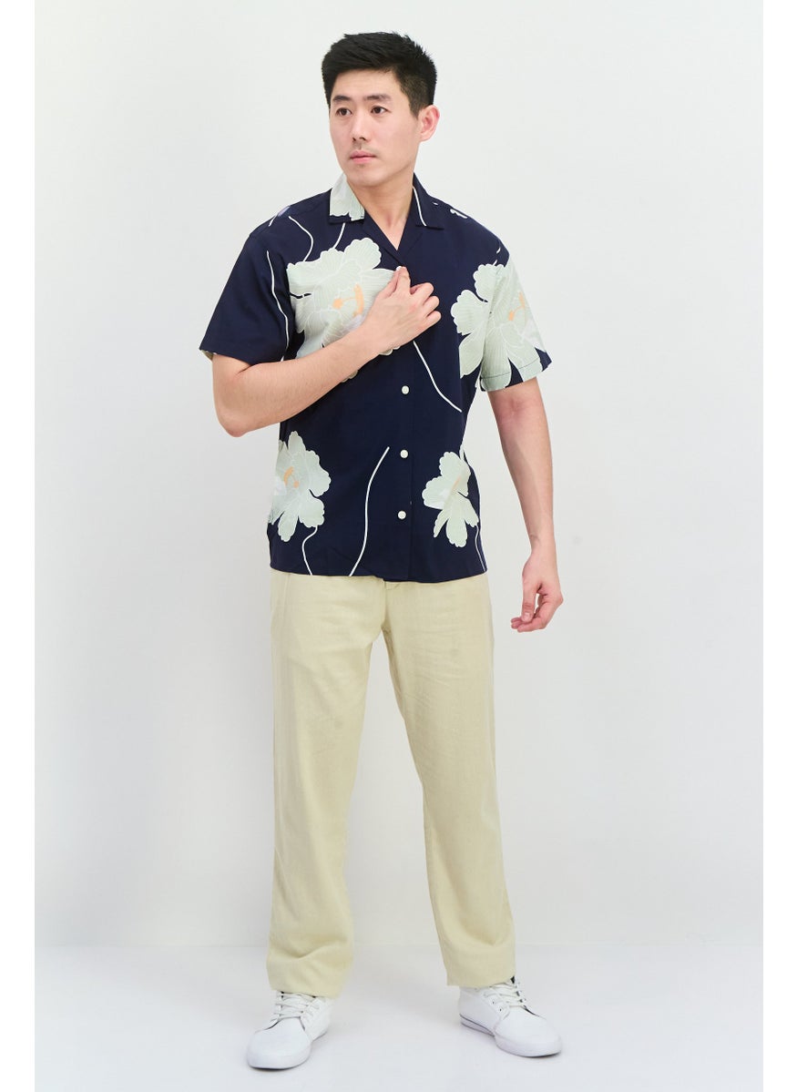 Men Relaxed Fit Floral Print Short Sleeves Casual Shirt, Navy Combo