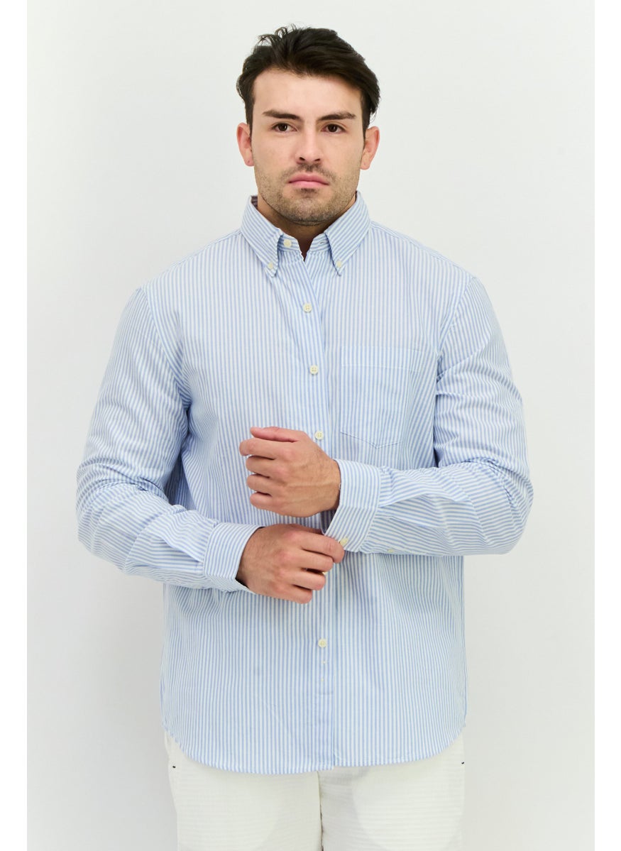 Men Regular Fit Long Sleeve Stripe Casual Shirt, Blue