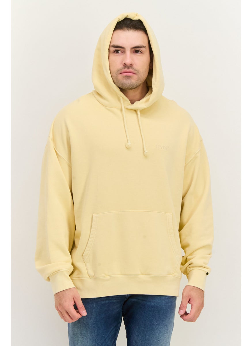 Men Hooded Long Sleeve Embroidered Logo Sweatshirt, Beige
