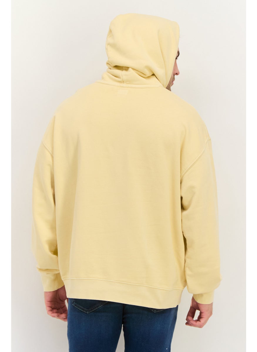 Men Hooded Long Sleeve Embroidered Logo Sweatshirt, Beige
