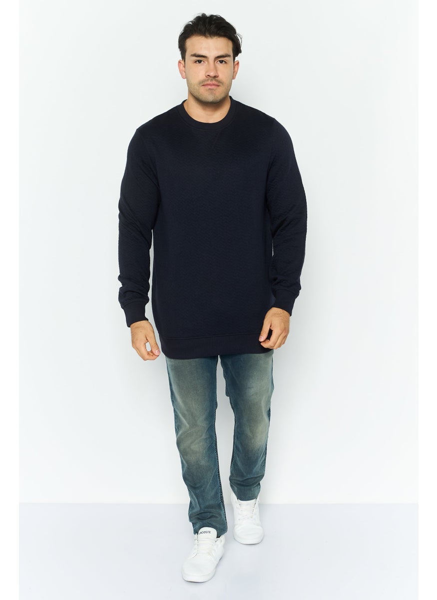 Men Crew Neck Long Sleeve Textured Sweatshirt, Navy
