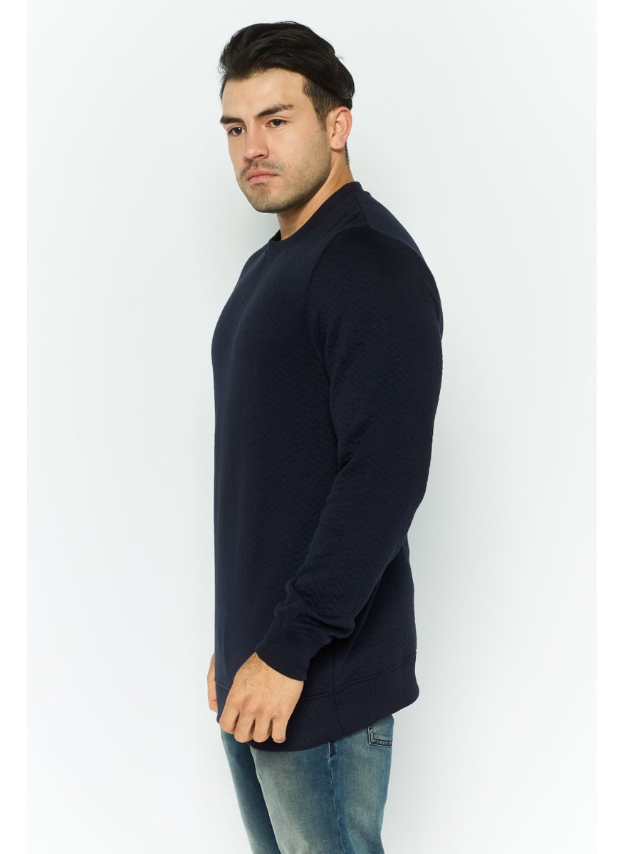 Men Crew Neck Long Sleeve Textured Sweatshirt, Navy
