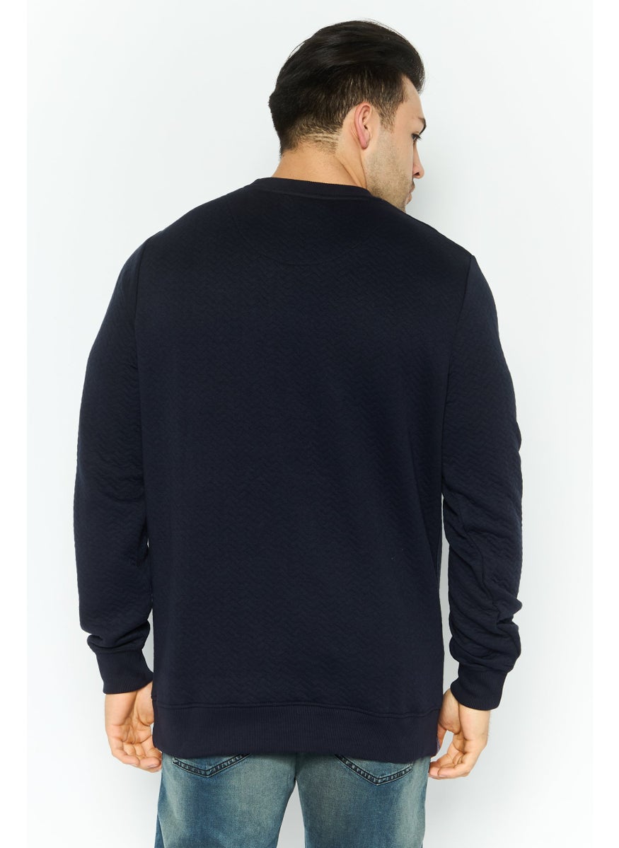 Men Crew Neck Long Sleeve Textured Sweatshirt, Navy