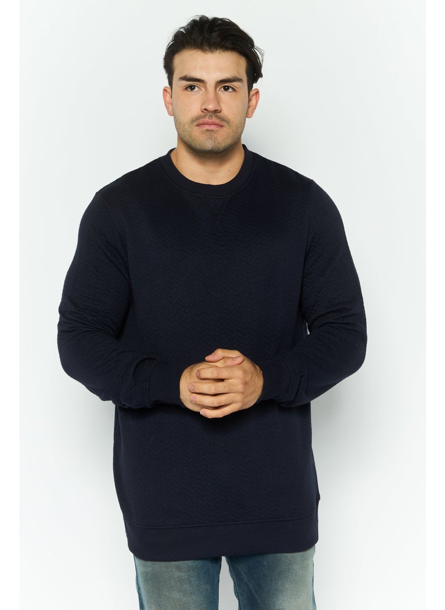 Men Crew Neck Long Sleeve Textured Sweatshirt, Navy