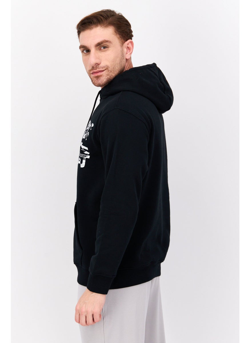 Men Sportswear Fit Long Sleeves Outdoor Hooded Sweatshirt, Black