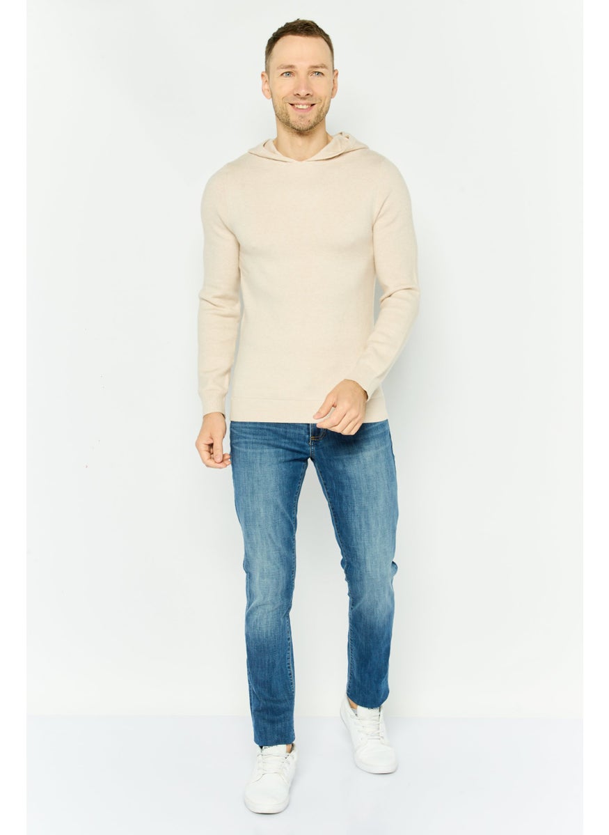 Men Plain Long Sleeves Hoodies, Beige