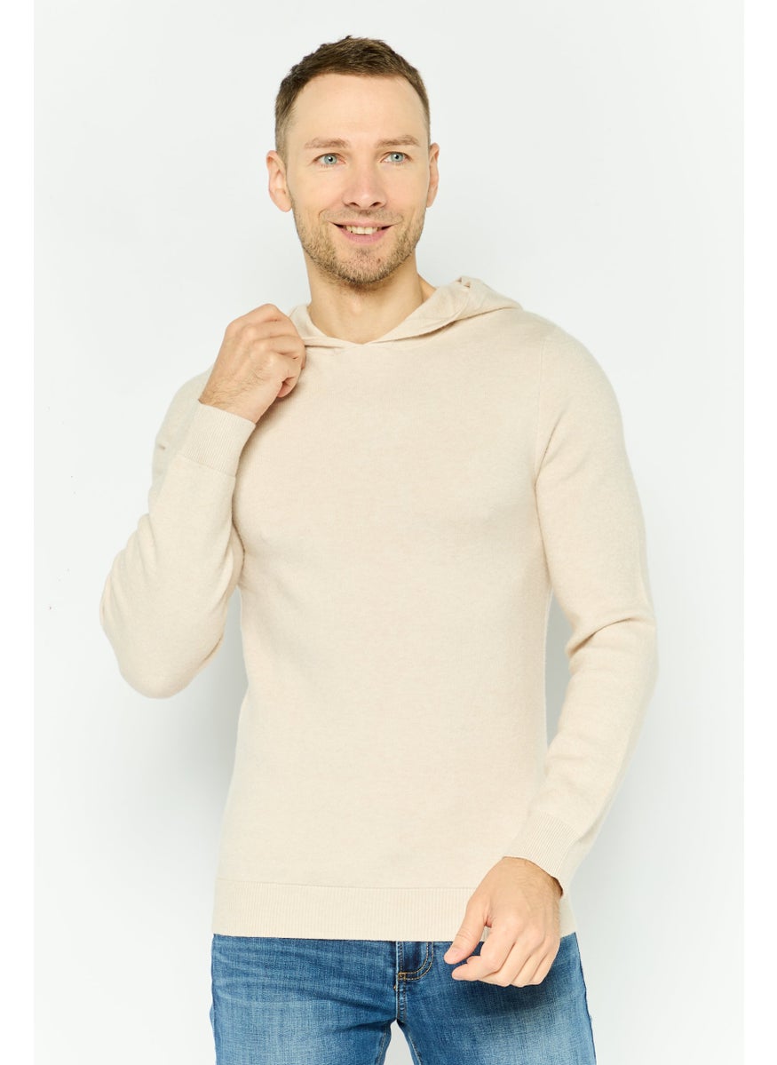 Men Plain Long Sleeves Hoodies, Beige