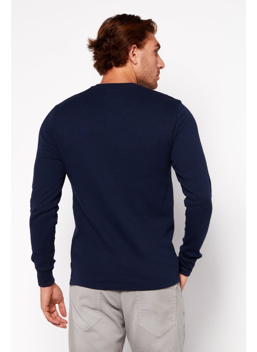 Men Crew Neck Brand Logo  Knitted Sweatshirt, Navy Blue