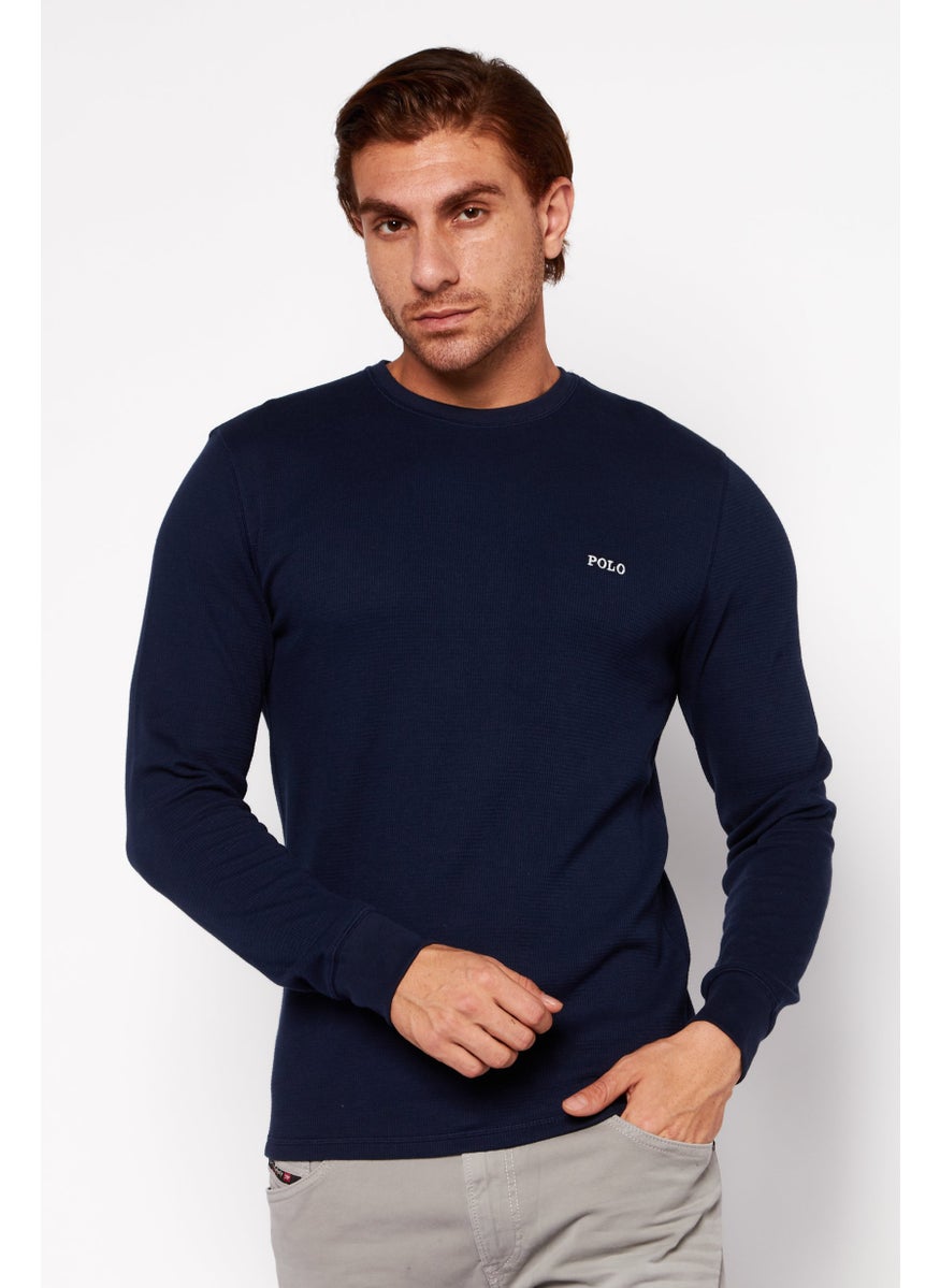 Men Crew Neck Brand Logo  Knitted Sweatshirt, Navy Blue