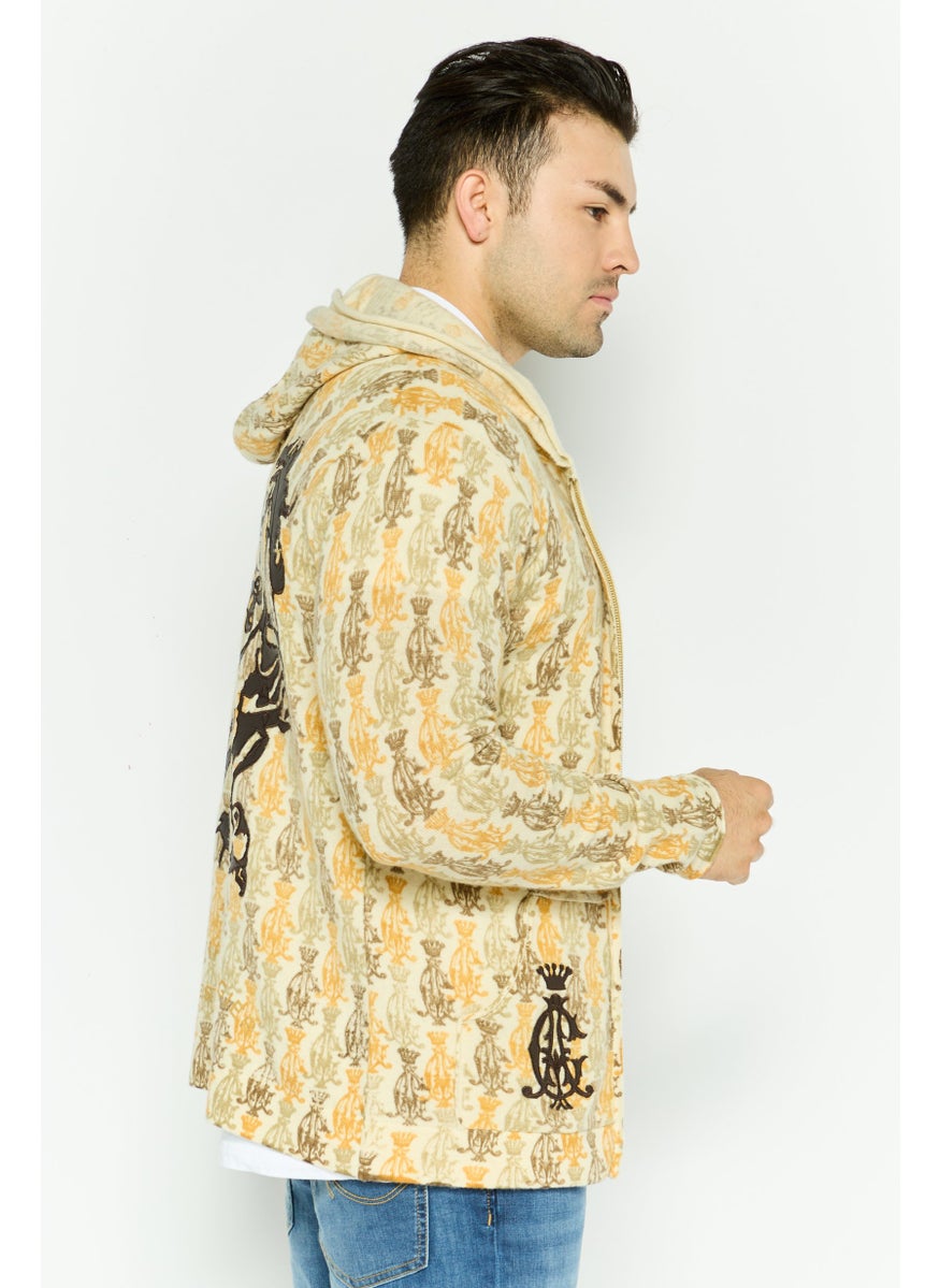 Men Allover Print Long Sleeve Hooded Sweatshirt, Beige Combo