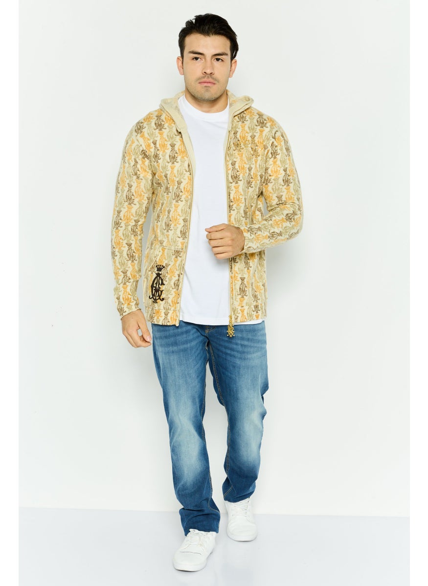 Men Allover Print Long Sleeve Hooded Sweatshirt, Beige Combo