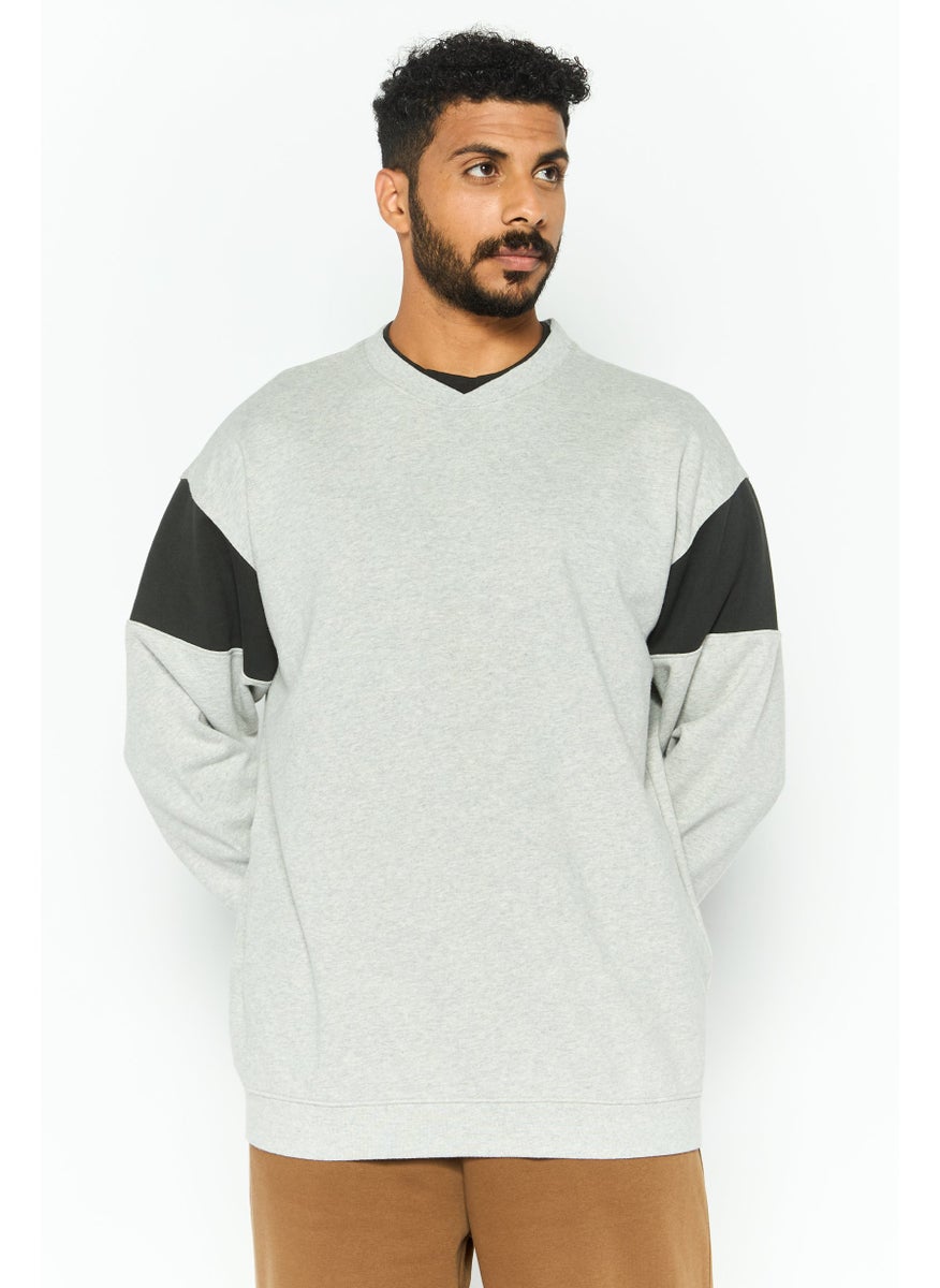 Men Oversized Crew Neck Long Sleeve Color-Block Sweatshirt, Grey
