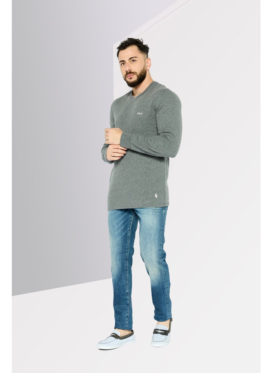 Men Crew Neck Long Sleeve Textured Sweatshirt, Grey