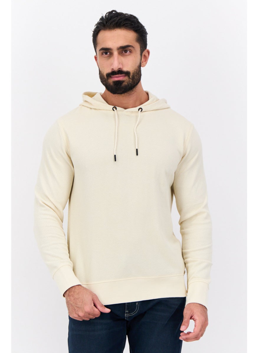 Men Hooded Textured Long Sleeves Sweatshirt, Beige