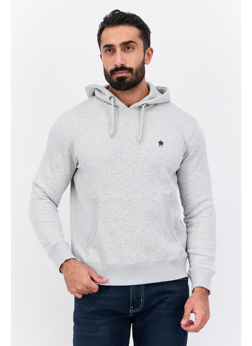 Men Hooded Long Sleeve Embroidered Logo Sweatshirt, Grey