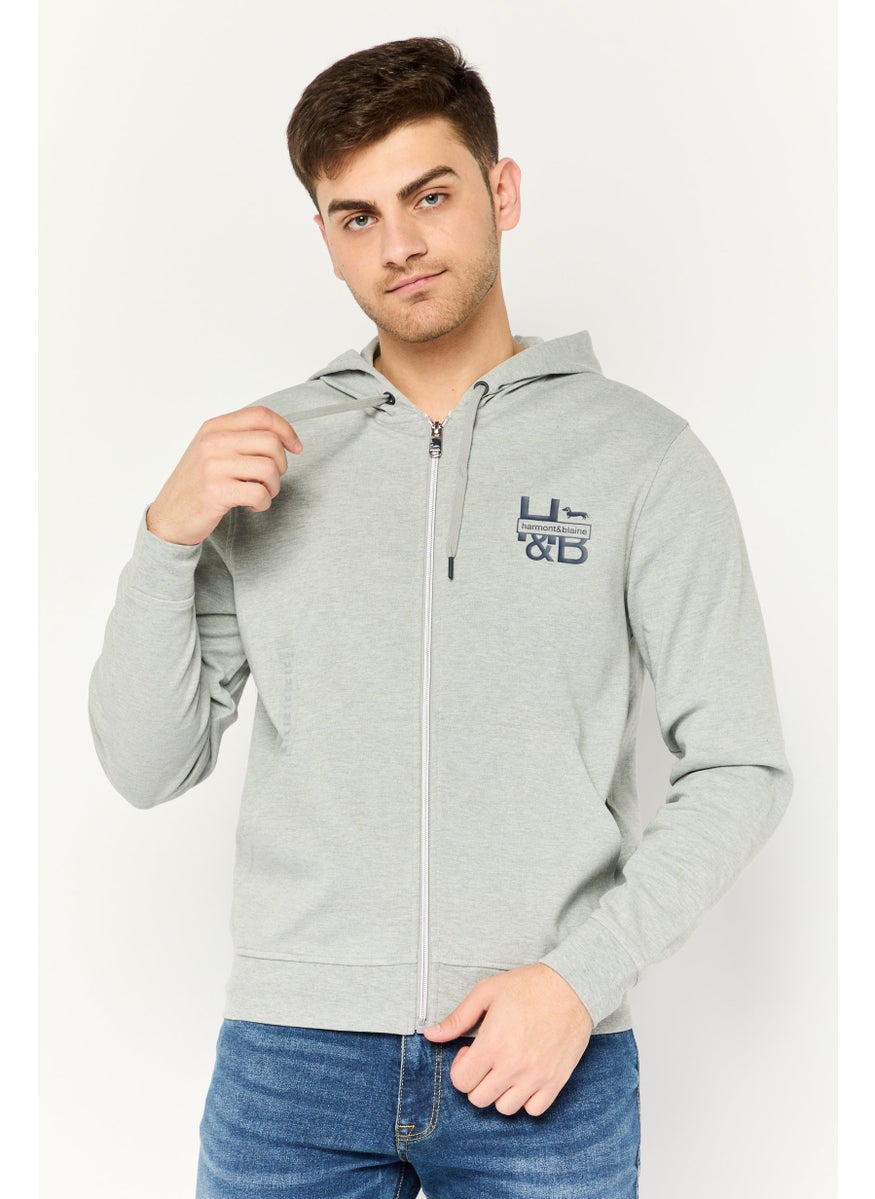 Men Hooded Brand Logo Long Sleeves Sweatshirt, Light Grey
