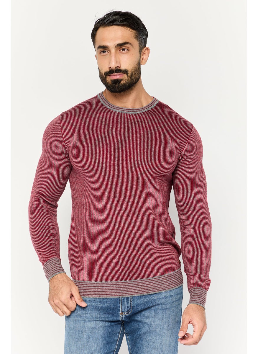 Men Crew Neck Striped Long Sleeves Sweatshirt, Red