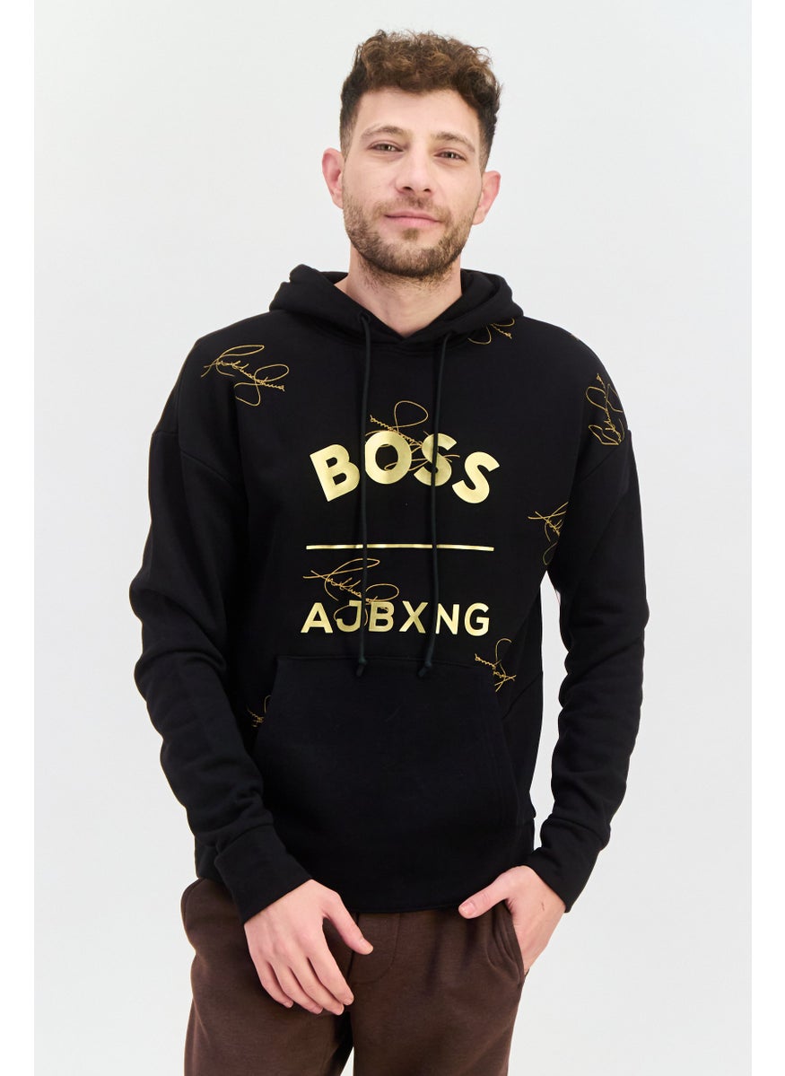 Men Graphic Long Sleeves Hooded Sweatshirt, Black
