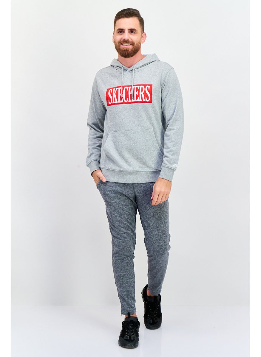 Men Sportswear Fit Embroidered Logo Outdoor Hooded Sweatshirt, Grey
