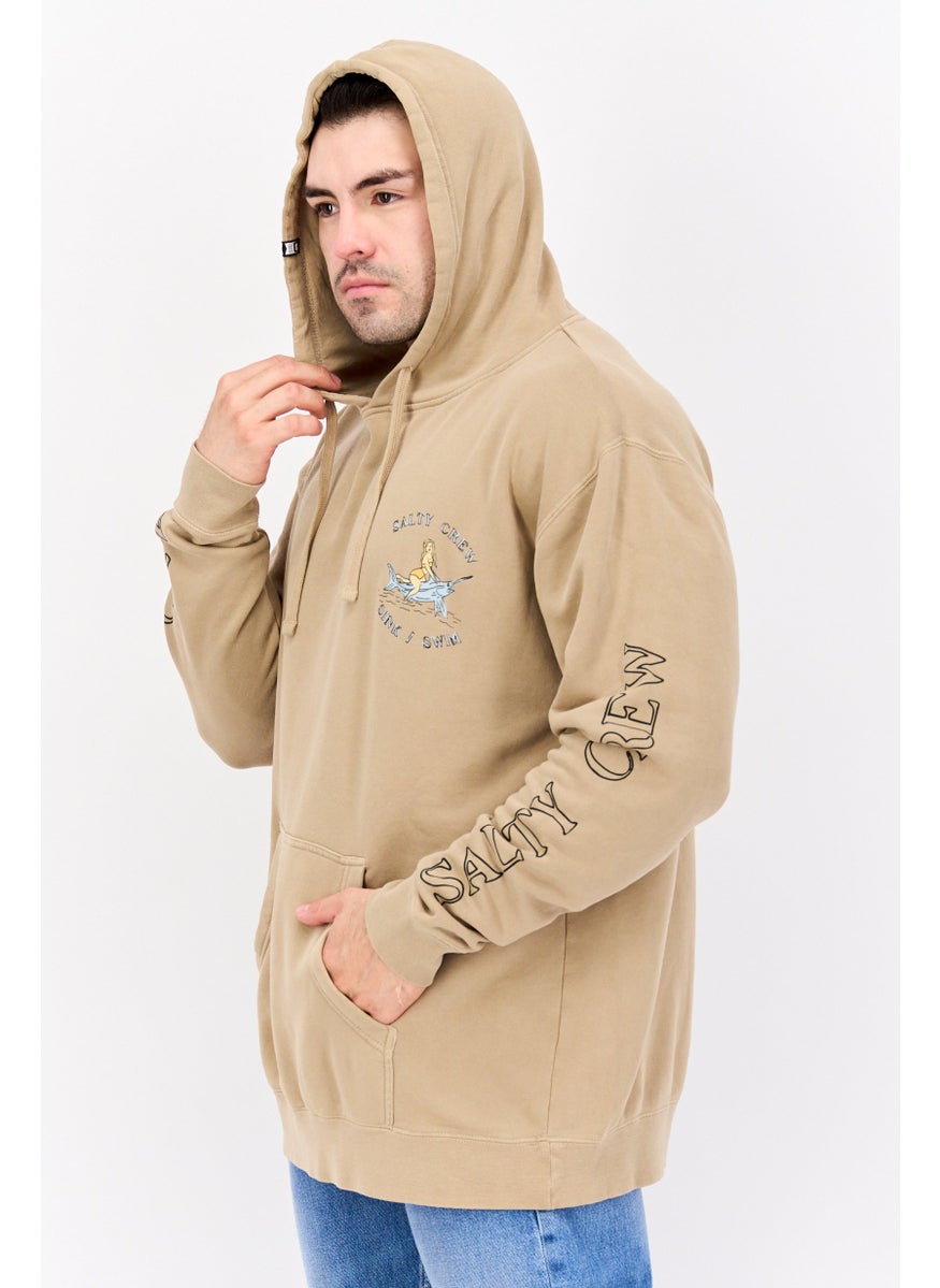 Men Hood With Drawstring Long Sleeve Brand Logo Sweatshirts, Dark Beige Combo