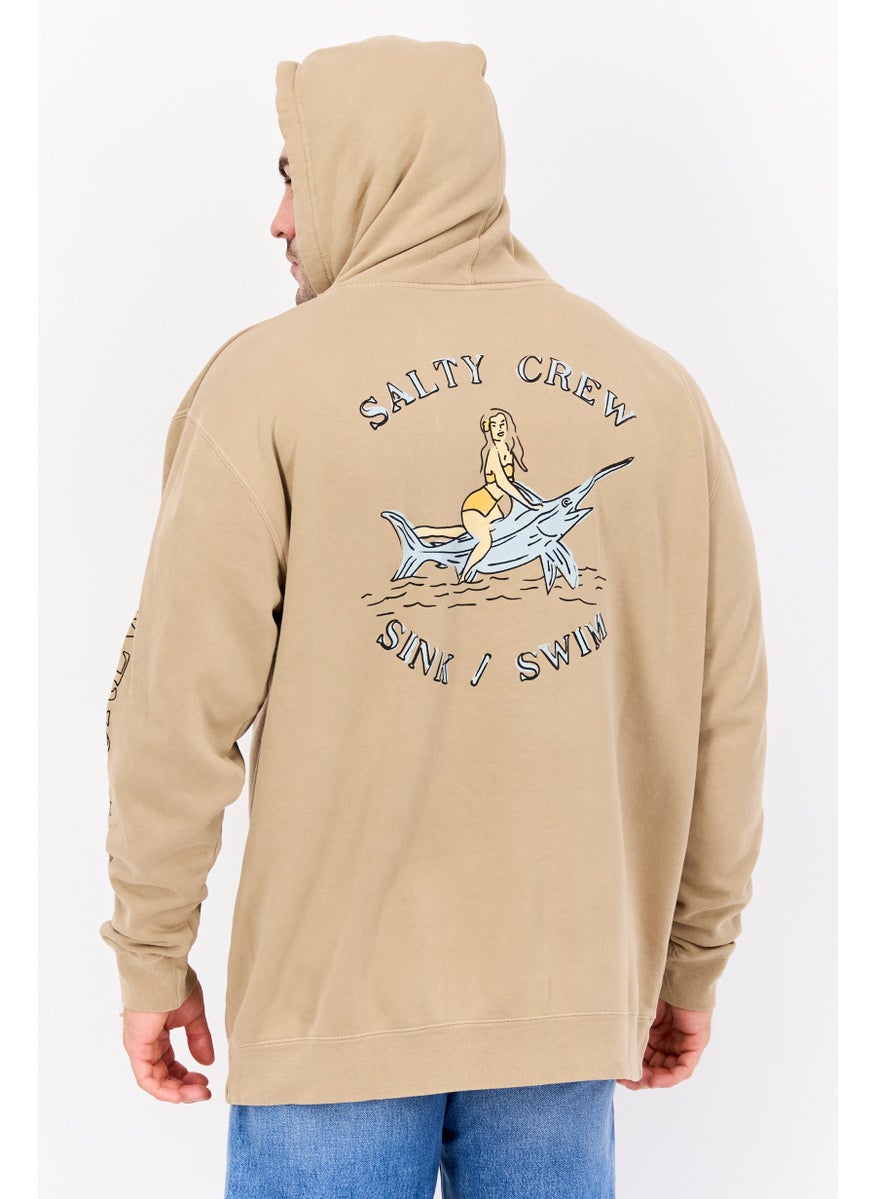 Men Hood With Drawstring Long Sleeve Brand Logo Sweatshirts, Dark Beige Combo