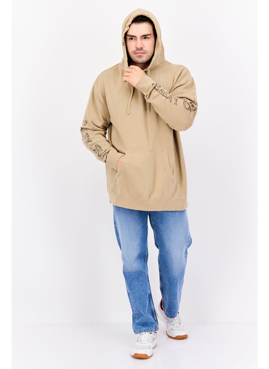 Men Hood With Drawstring Long Sleeve Brand Logo Sweatshirts, Dark Beige Combo