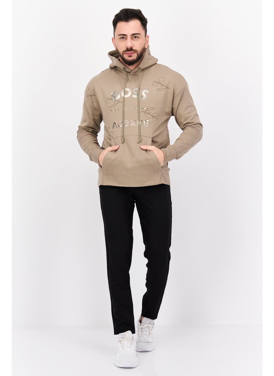 Men Graphic Long Sleeves Hooded Sweatshirt, Light Tan
