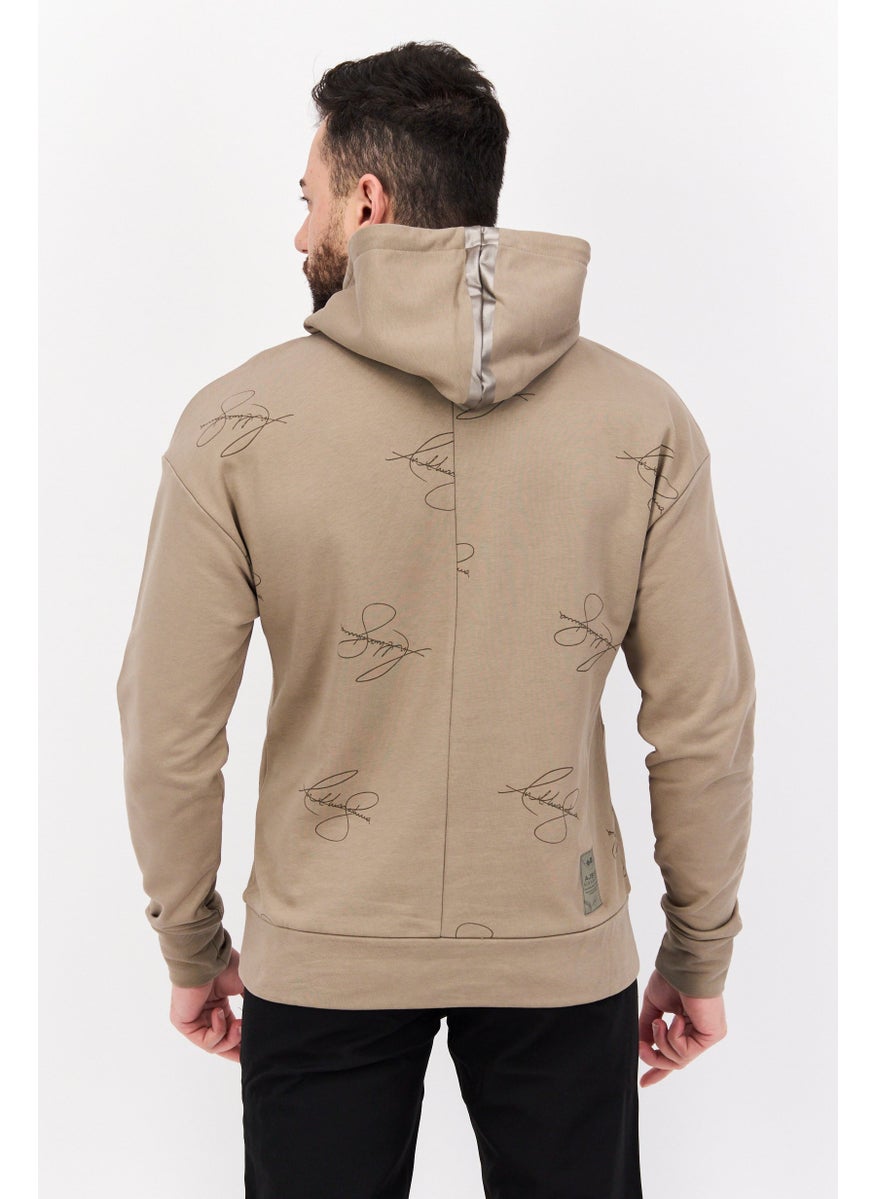 Men Graphic Long Sleeves Hooded Sweatshirt, Light Tan