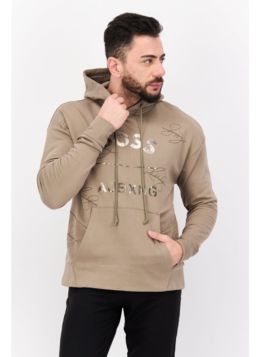 Men Graphic Long Sleeves Hooded Sweatshirt, Light Tan