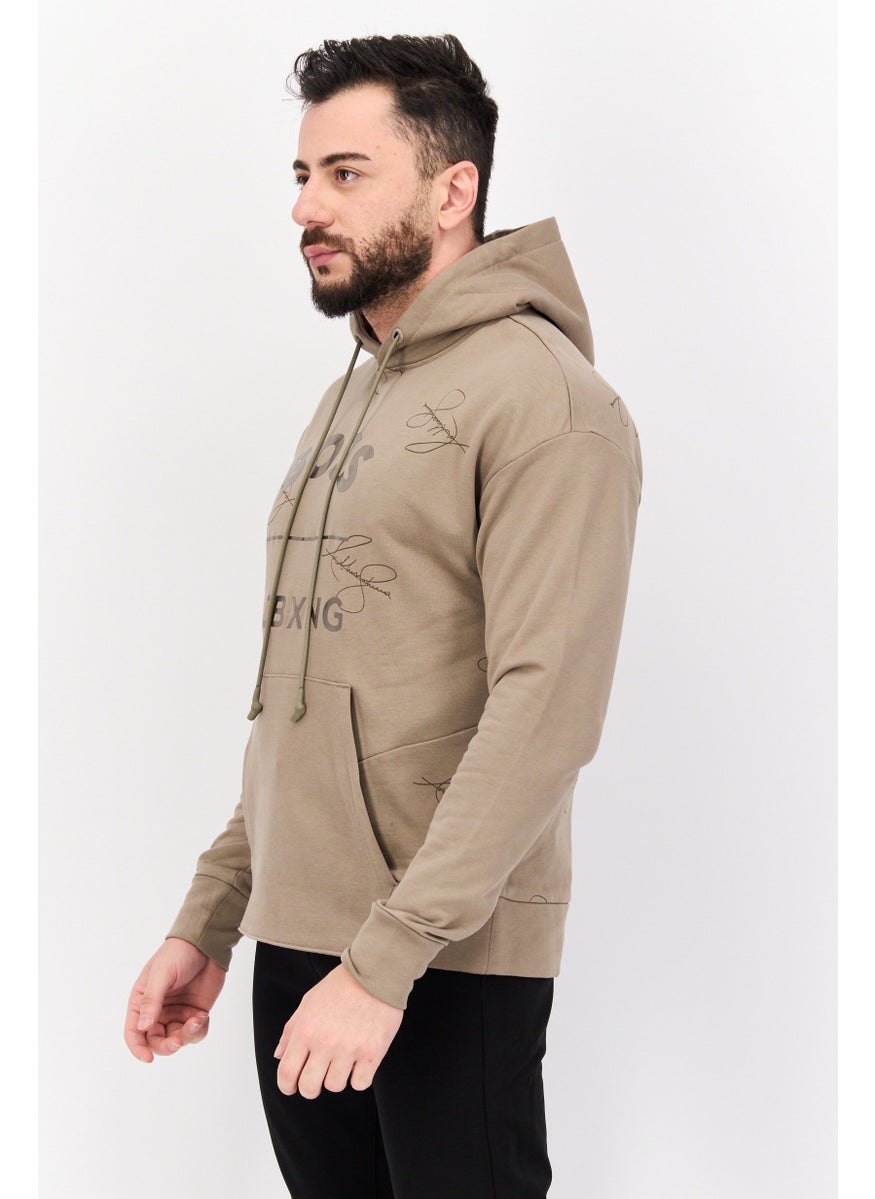 Men Graphic Long Sleeves Hooded Sweatshirt, Light Tan