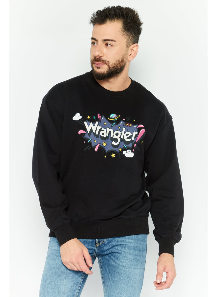 Men Crew Neck Graphic Print Long Sleeves Sweatshirt, Black