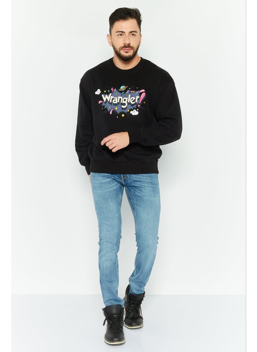 Men Crew Neck Graphic Print Long Sleeves Sweatshirt, Black