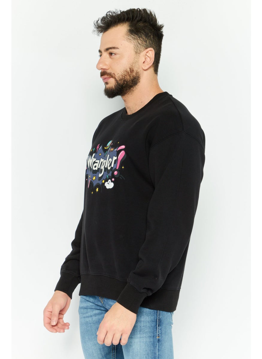 Men Crew Neck Graphic Print Long Sleeves Sweatshirt, Black