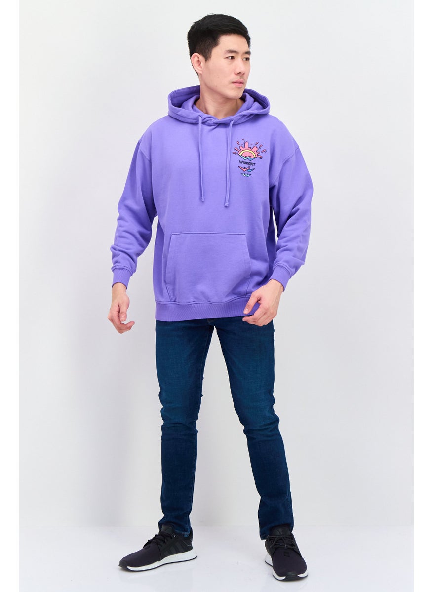 Men Crew Neck Long Sleeve Brand Logo Hooded Sweatshirt, Purple