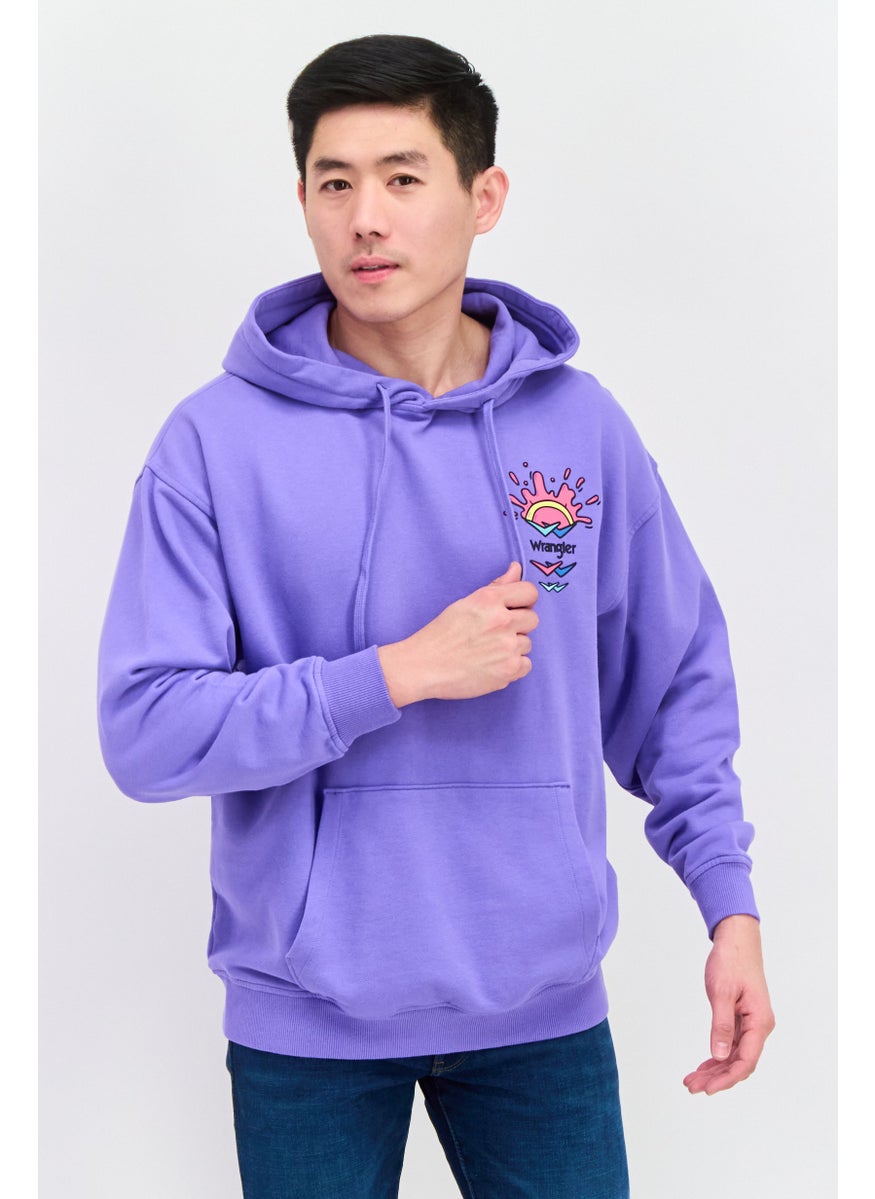 Men Crew Neck Long Sleeve Brand Logo Hooded Sweatshirt, Purple