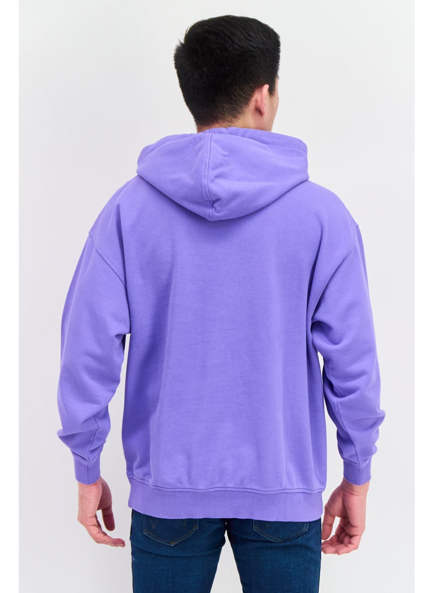 Men Crew Neck Long Sleeve Brand Logo Hooded Sweatshirt, Purple