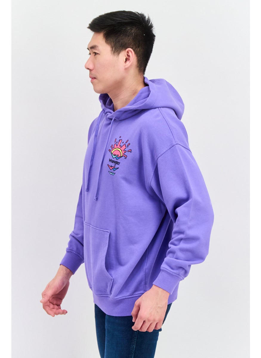 Men Crew Neck Long Sleeve Brand Logo Hooded Sweatshirt, Purple