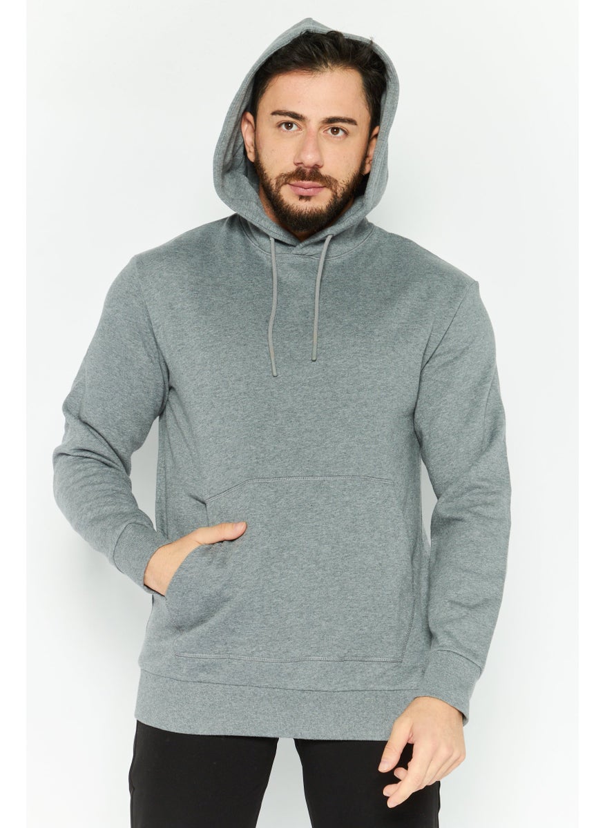 Selected Homme Men Front Pocket Heather Fleece Hoodies, Med Grey