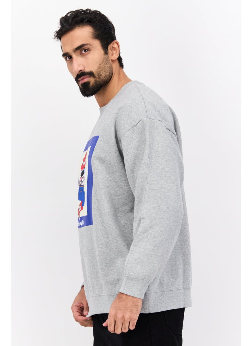 Men Crew Neck Graphic Print Long Sleeve Sweatshirt, Grey Combo